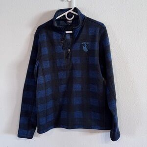 Blue/Black Plaid Quarter-Zip Pullover with Wyoming Bucking Bronc Logo Unisex Med